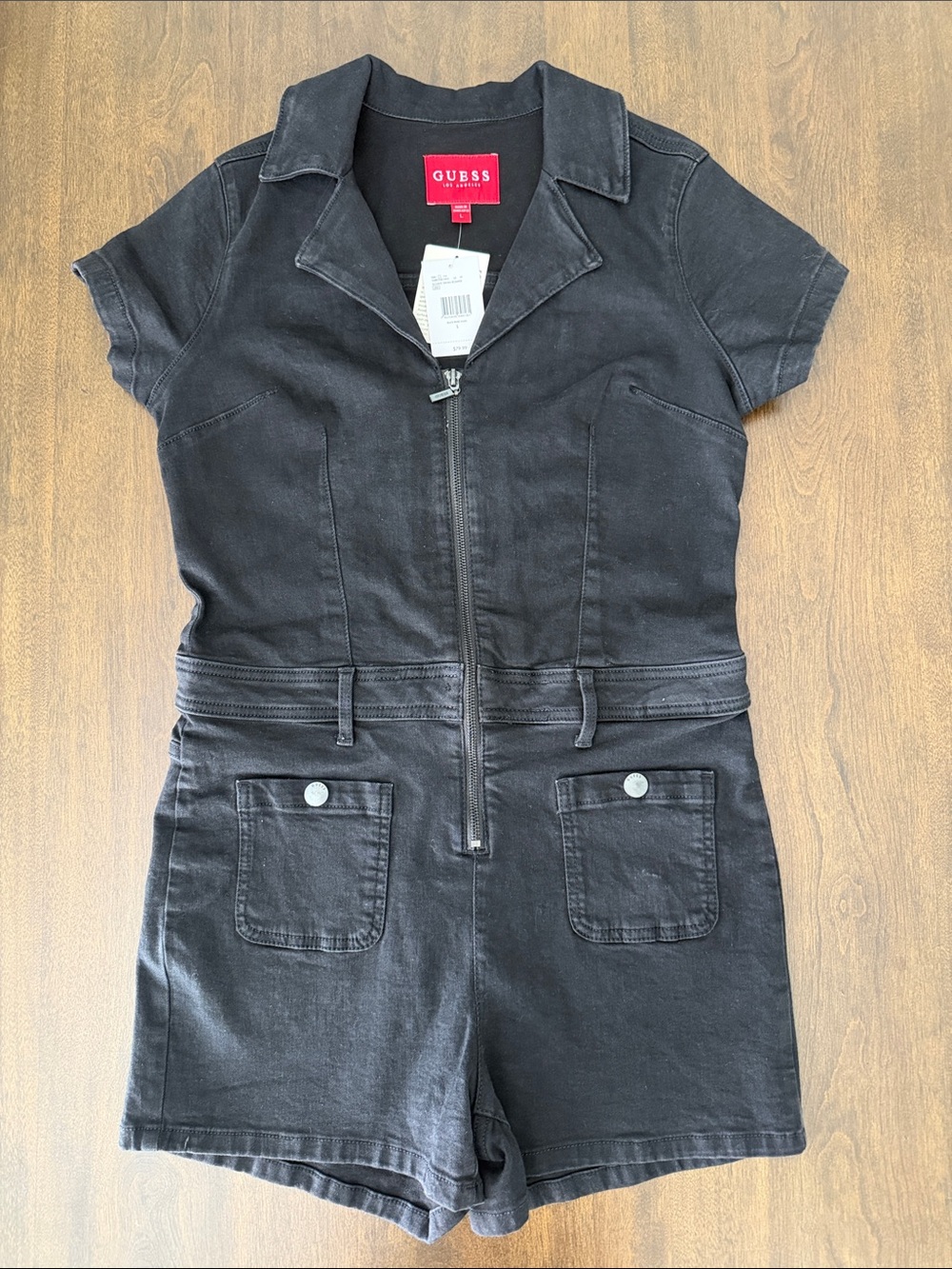 NWT Guess Black Denim Short Sleeve Zip-Front Romper Stretch L